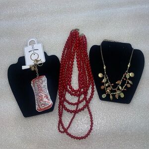 Bundle of Chic Red Beaded Necklace & peach color and brand new bag charm